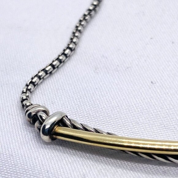 David Yurman Sterling Silver 925 1/4 18K 750 Gold Crossover Bar Necklace - Picture 9 of 16